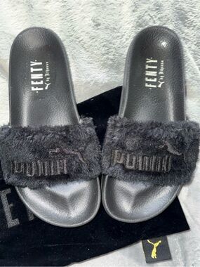 PUMA x FENTY Black Faux-Fur Slide Sandals